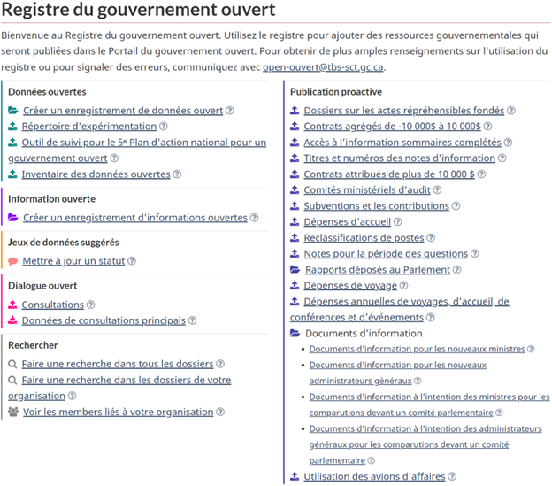 Capture d’écran de la page d’accueil du Registre du gouvernement ouvert.