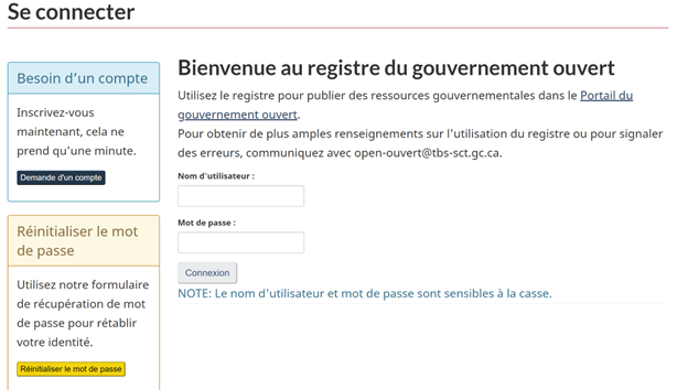 Capture d’écran de la page d’ouverture de session du Registre du gouvernement ouvert.