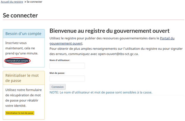 Capture d’écran de la page d’ouverture de session du Registre du gouvernement ouvert. Le bouton Demander un compte est encerclé.