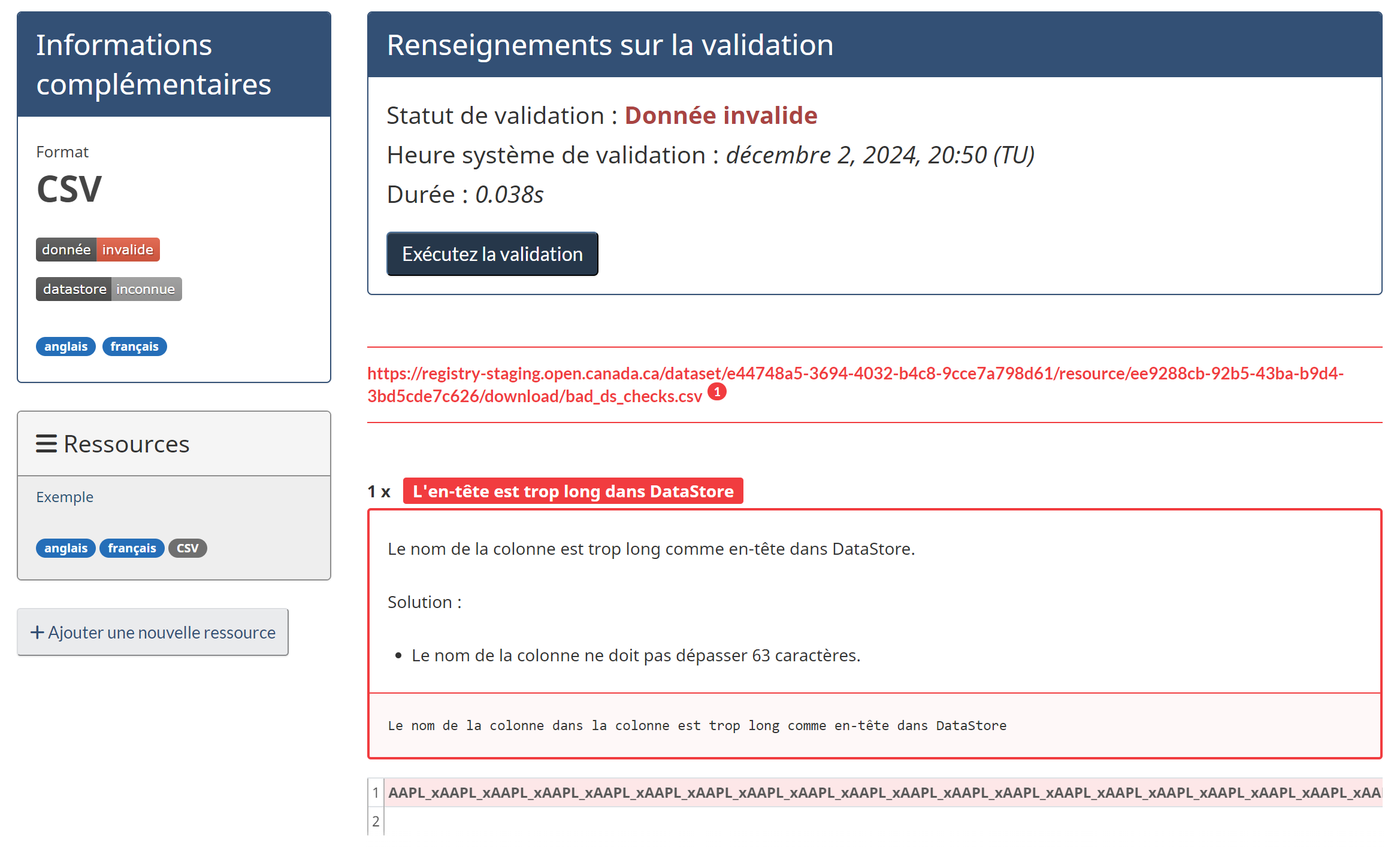 Capture d’écran du rapport de validation lorsque les données ne sont pas valides. Une erreur s’affiche dans un encadré rouge.