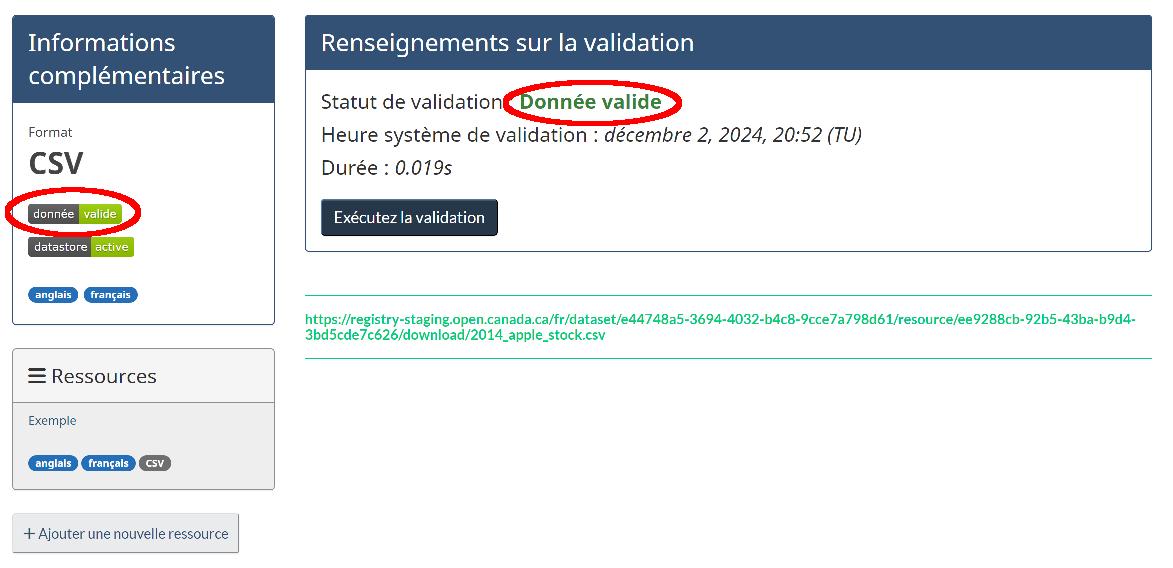 Capture d’écran du rapport de validation lorsque le jeu de données téléchargé est valide. Le badge de données valides est encerclé.