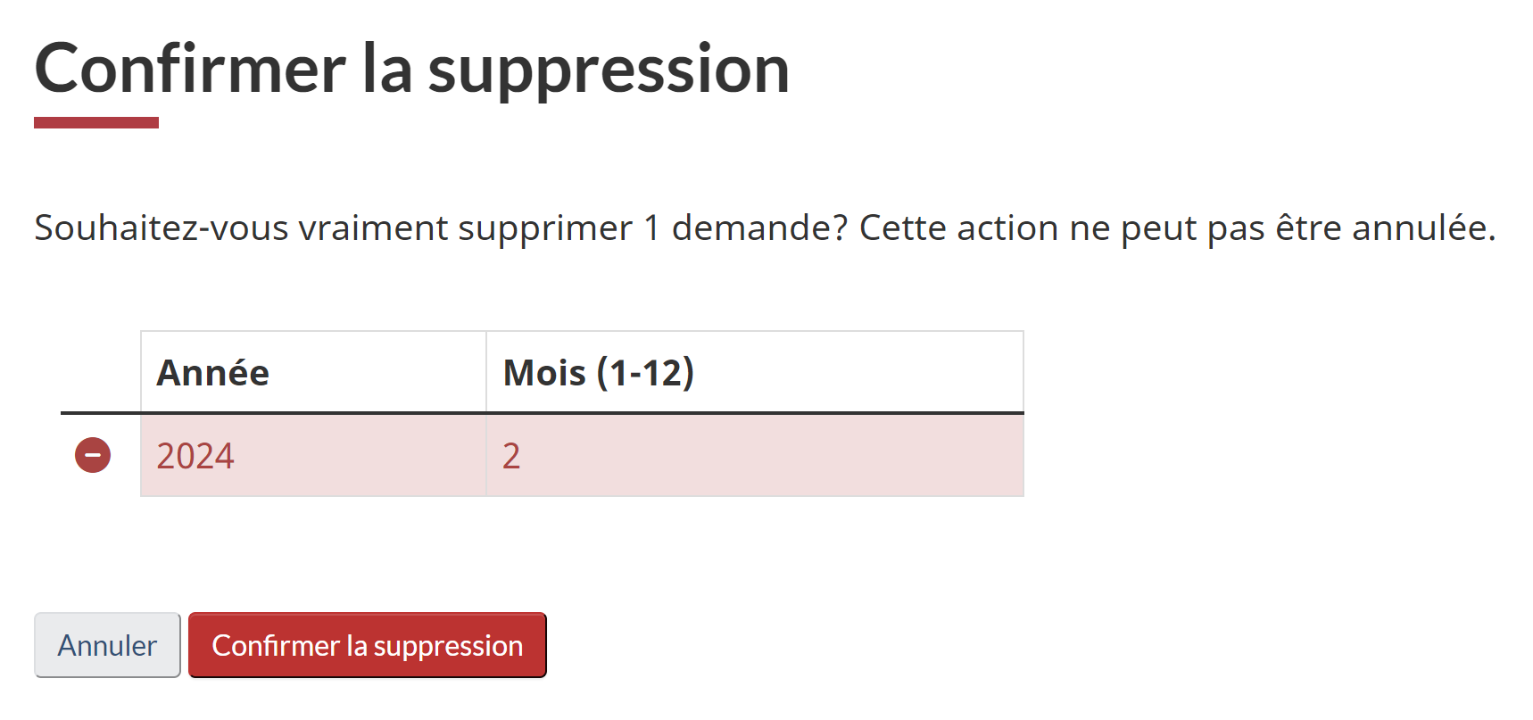 Capture d’écran de Confirmez la suppression. Les boutons Annuler et Confirmez la suppression s’affichent.