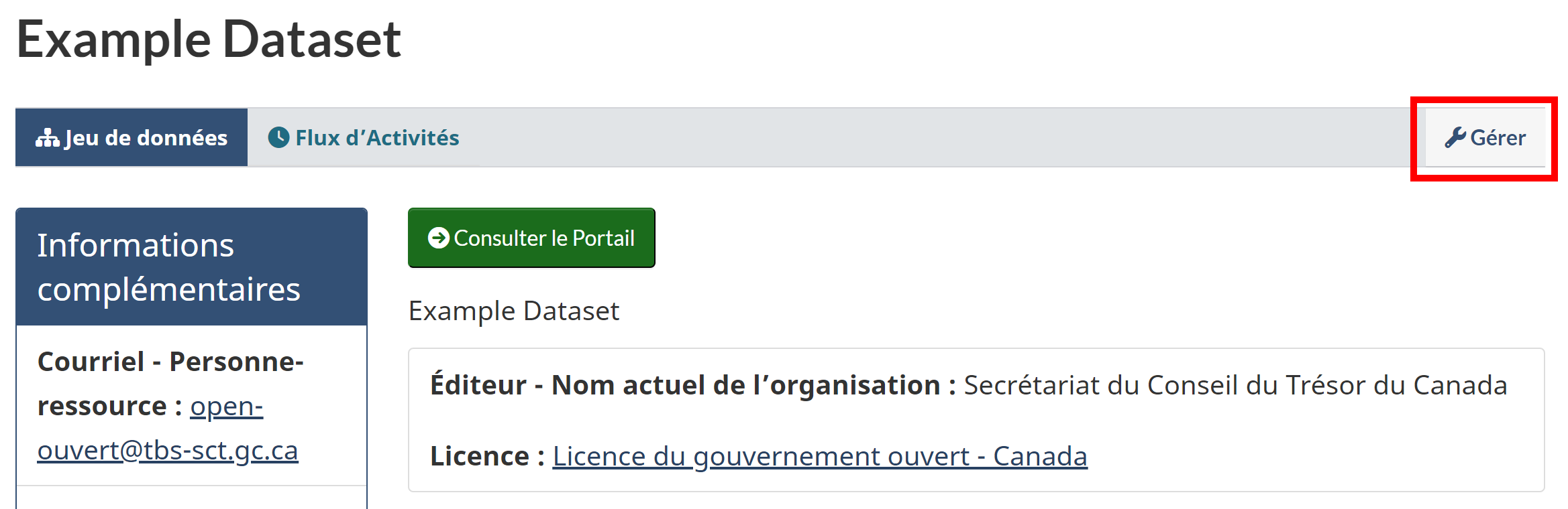 Capture d’écran d’un exemple de jeu de données. Le bouton Gérer est encadré.