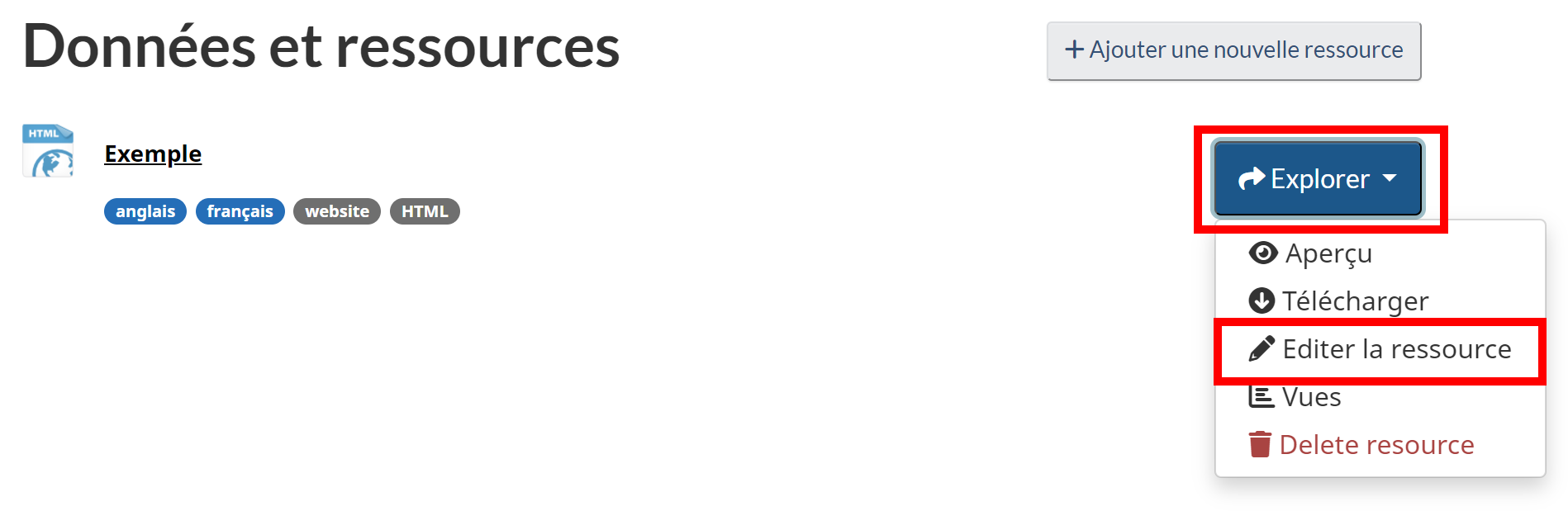 Capture d’écran d’un exemple de ressource. Le bouton Modifier est encadré.