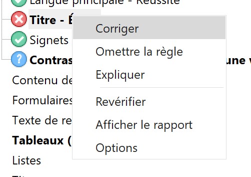 Capture d’écran du panneau de vérification de l’accessibilité avec les erreurs répertoriées. Une erreur est sélectionnée et, dans un menu déroulant, l’option Corriger est sélectionnée.