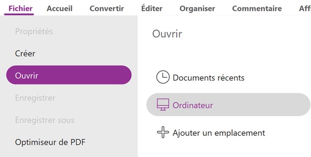 Capture d’écran de l’onglet Fichier et du menu déroulant dans Foxit PhantomPDF. L’option Ouvrir est sélectionnée dans le menu.