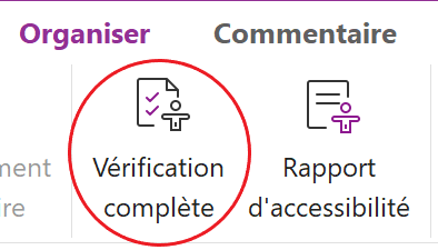 Capture d’écran de l’onglet Fichier. Dans le groupe Vérification de l’accessibilité, la vérification complète est encerclée.