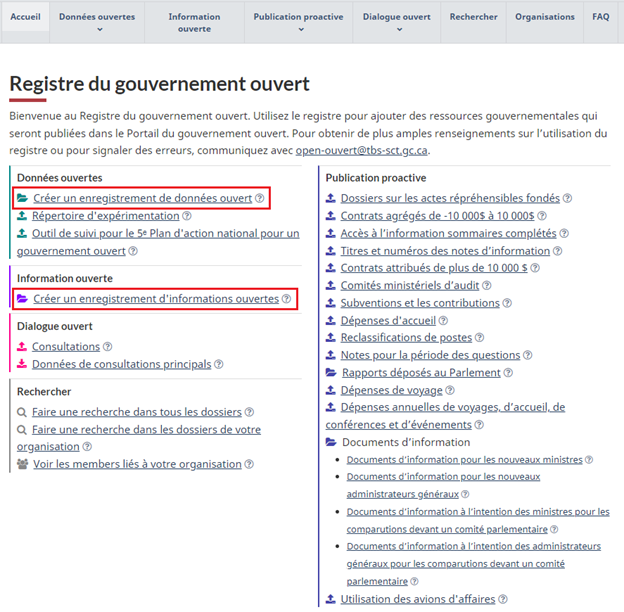 Capture d’écran de Créer un enregistrement de données ouvertes et Créer une ressource d’information. 