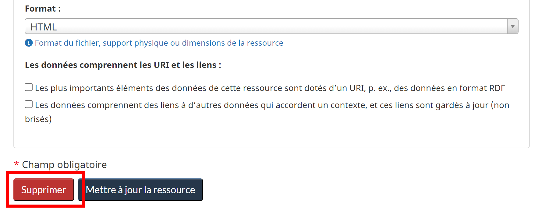 Capture d’écran des champs de métadonnées pour les ressources uniquement (pas pour les éléments associés). Le bouton Supprimer est encadré.