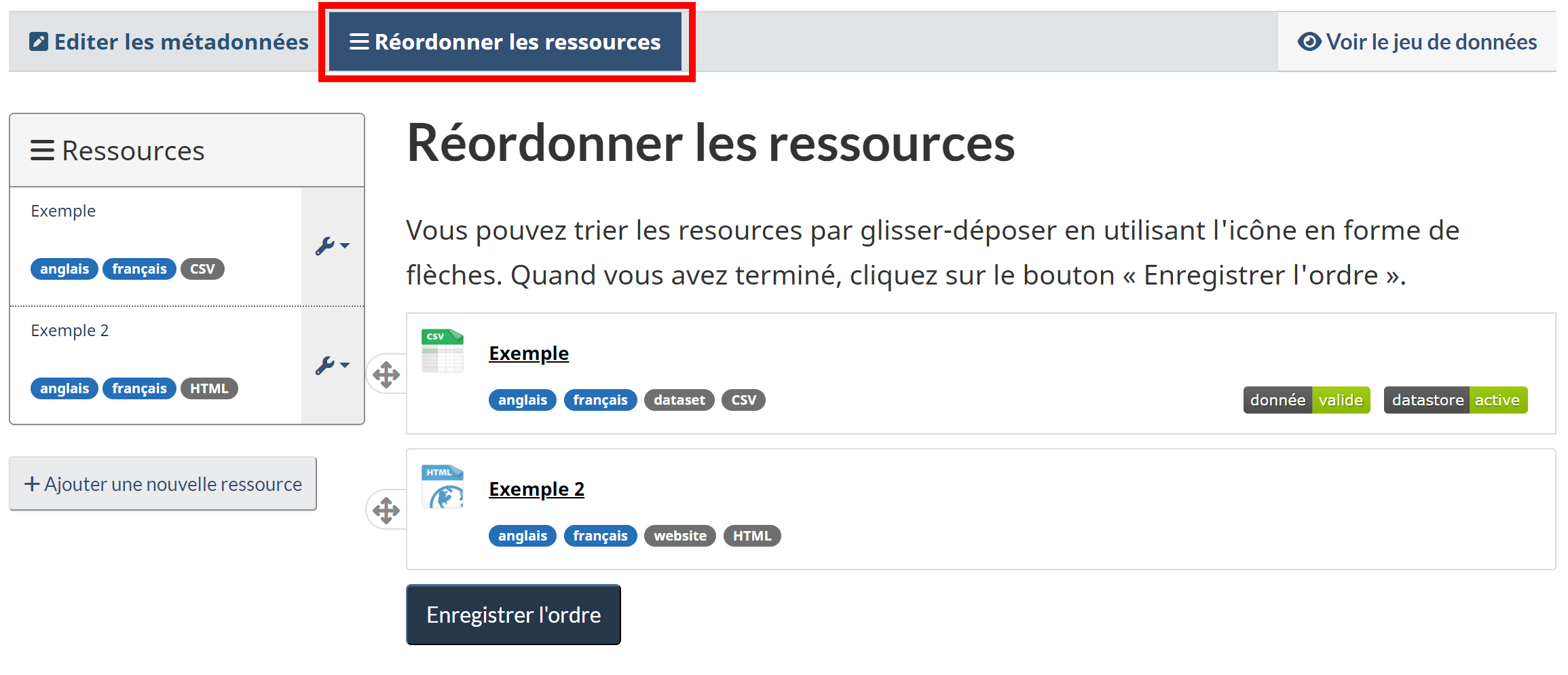 Capture d’écran de la page Ressources. L’onglet Ressources est encadré.