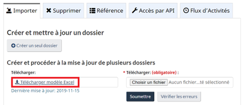 Capture d’écran de l’onglet Importer. Le champ de téléchargement est encadré et renseigné avec Télécharger modèle Excel.