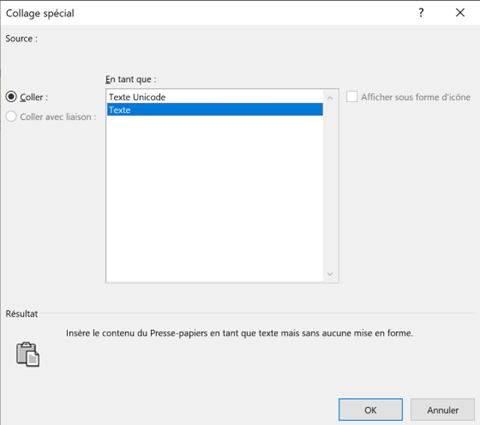 Capture d’écran de la fenêtre contextuelle Coller spécial. L’option Texte est sélectionnée dans le menu Comme.