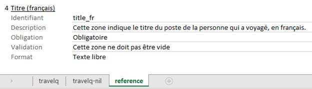 Capture d’écran de l’onglet Référence avec un modèle d'information.